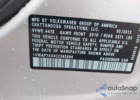 2012 Volkswagen Passat 2.5L S from USA, damaged, VIN 1VWAP7A34CC062986
